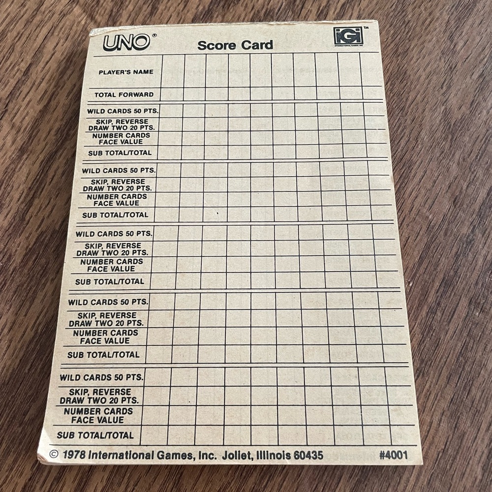 Vintage 1978 Uno Score Card Pad
